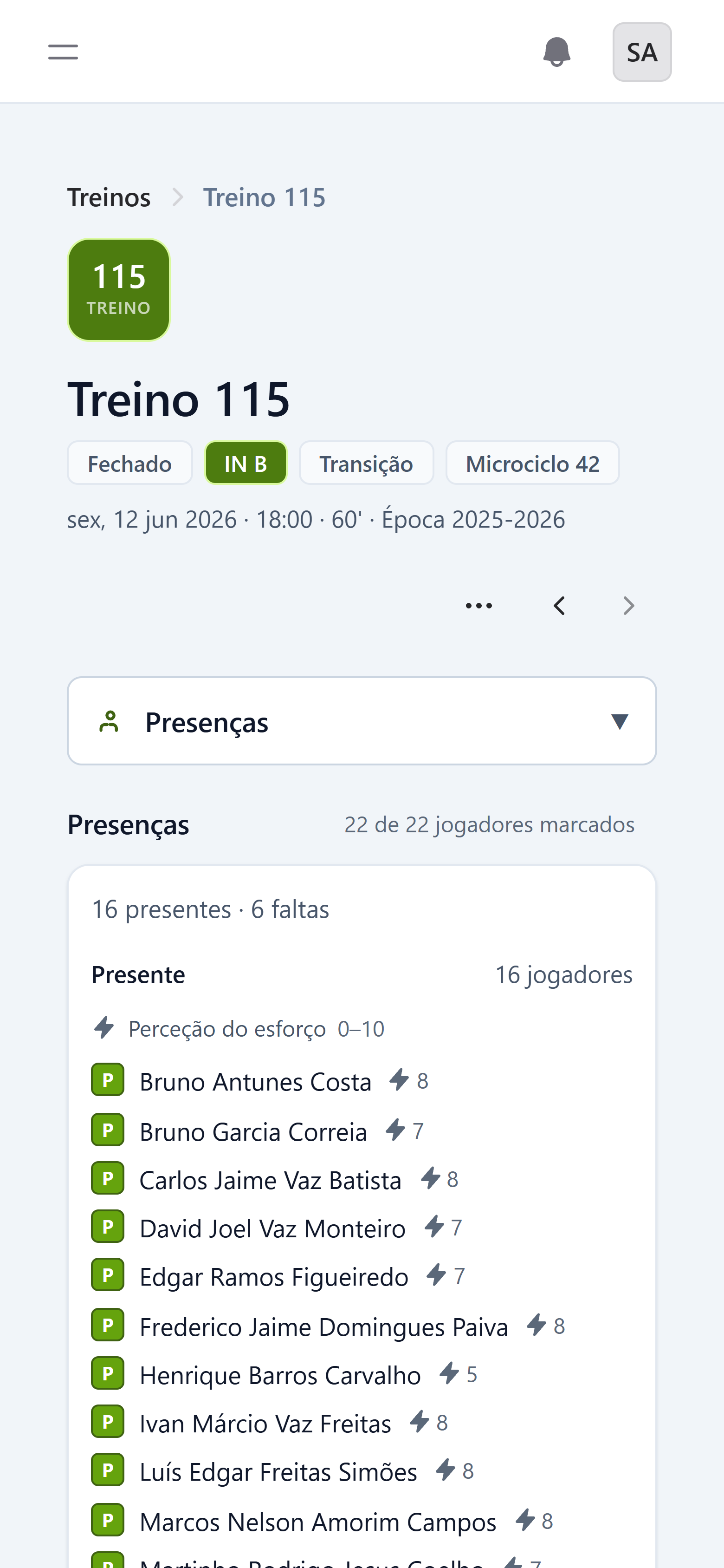 Presenças no treino